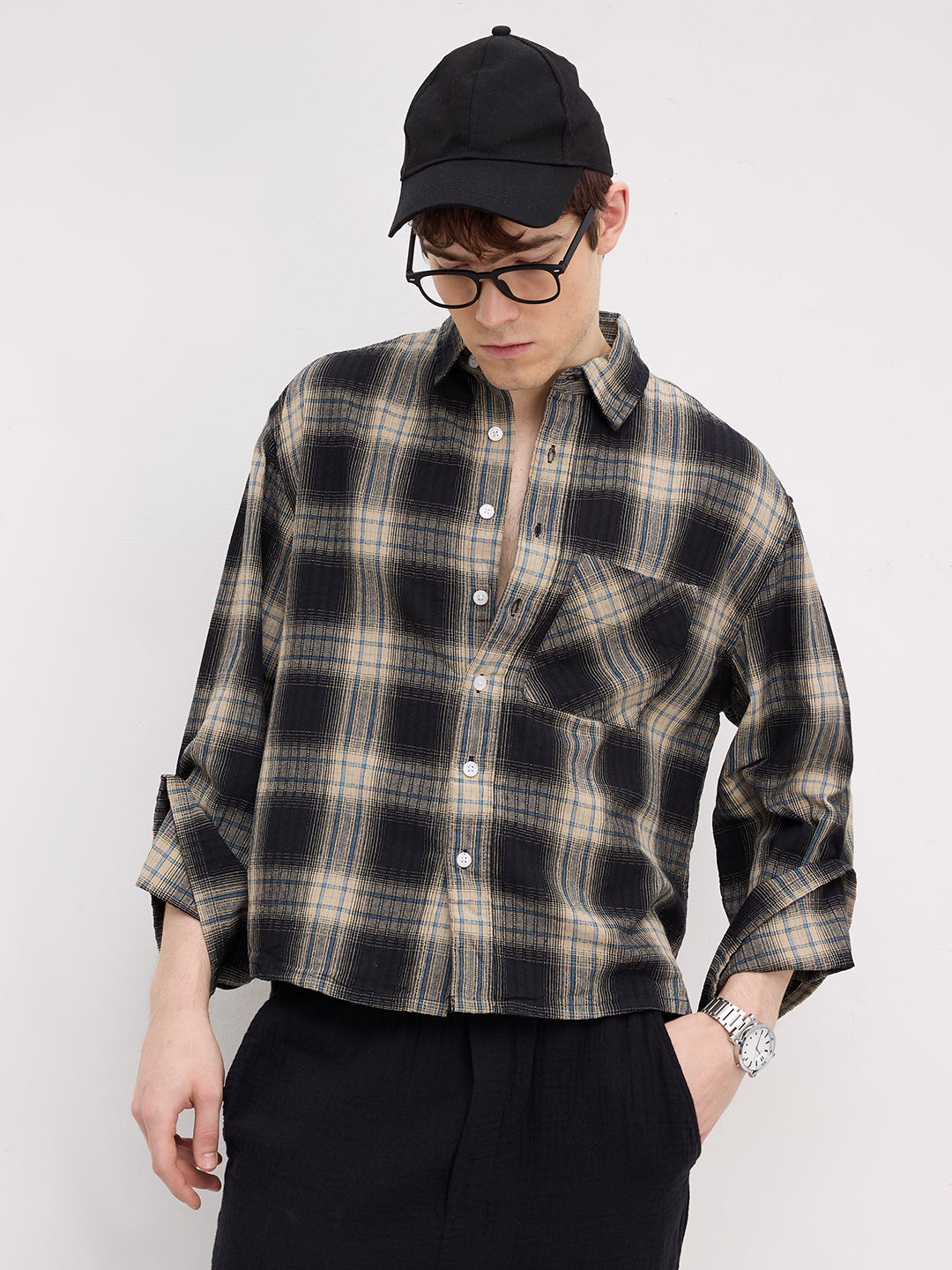 Rich Black & Blue Plaid Checks Cuffless Oversized Crop Shirt