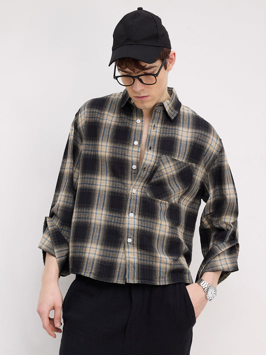 Rich Black & Blue Plaid Checks Cuffless Oversized Crop Shirt