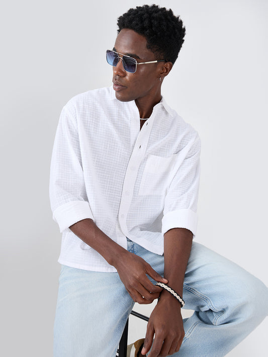 Snow White Micro Grid Textured Weave Boxy Fit Crop Shirt