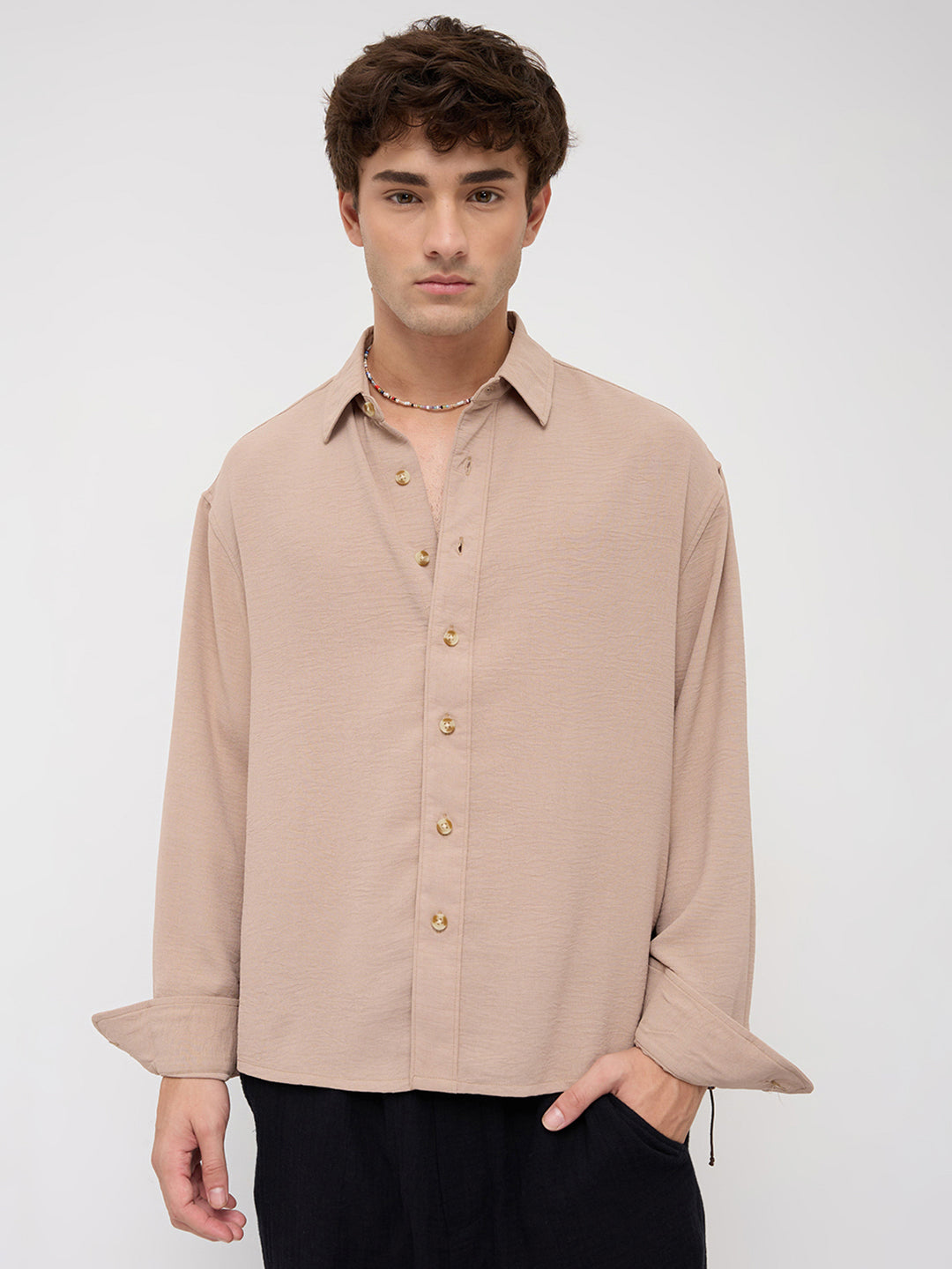 Soft Khaki Lightweight Crinkled Boxy Fit Crop Shirt