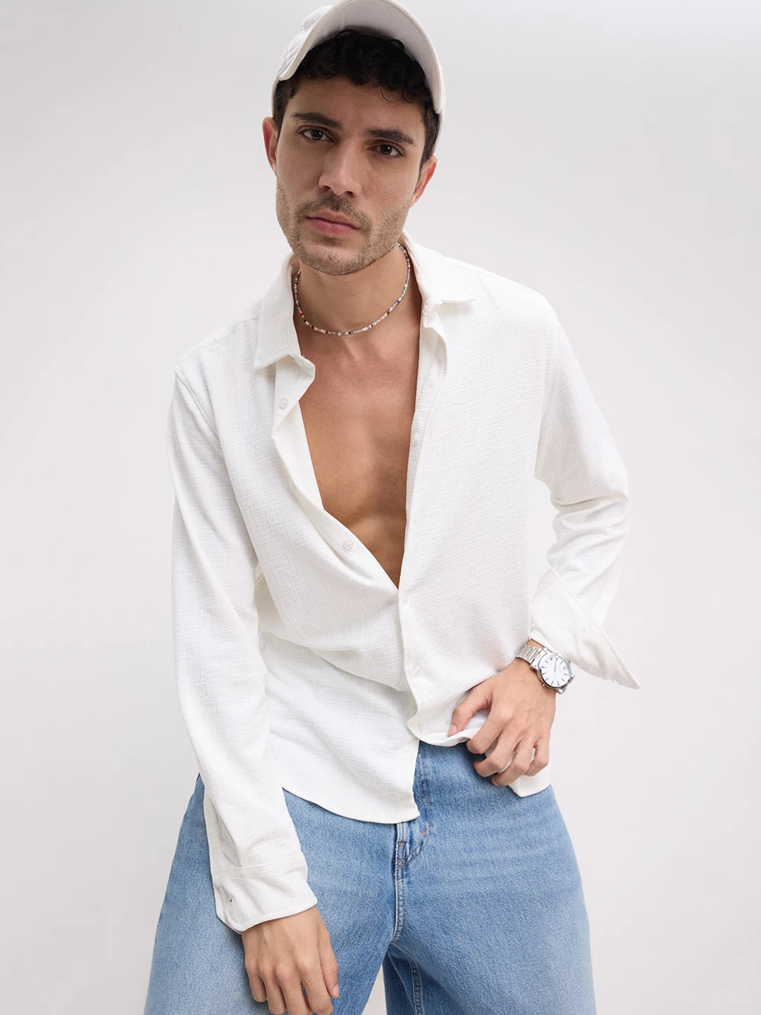 Snow White Mini Checks Textured Knitted Shirt