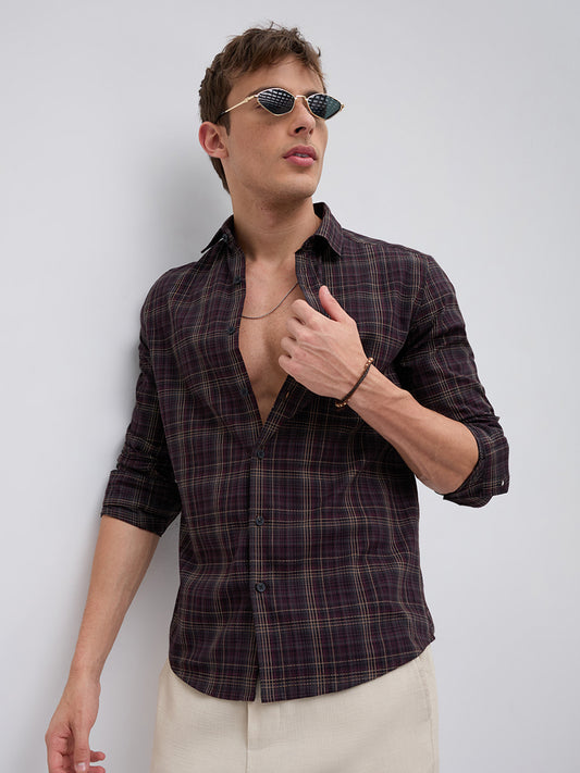 Elegant Deep Maroon Multi Checks Shirt