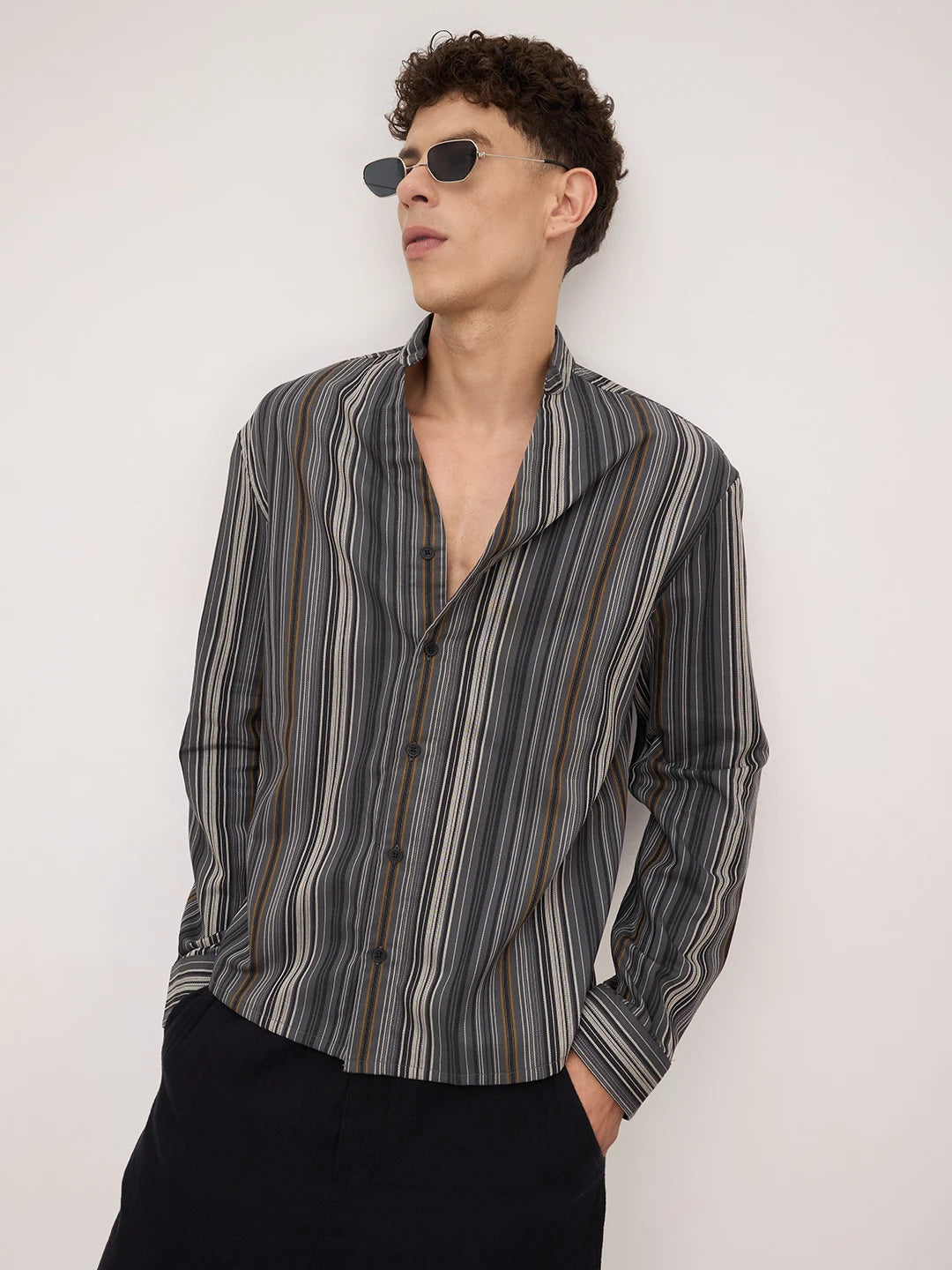 Arctic Breeze Honeycomb Grid Weave Mandarin Shirt