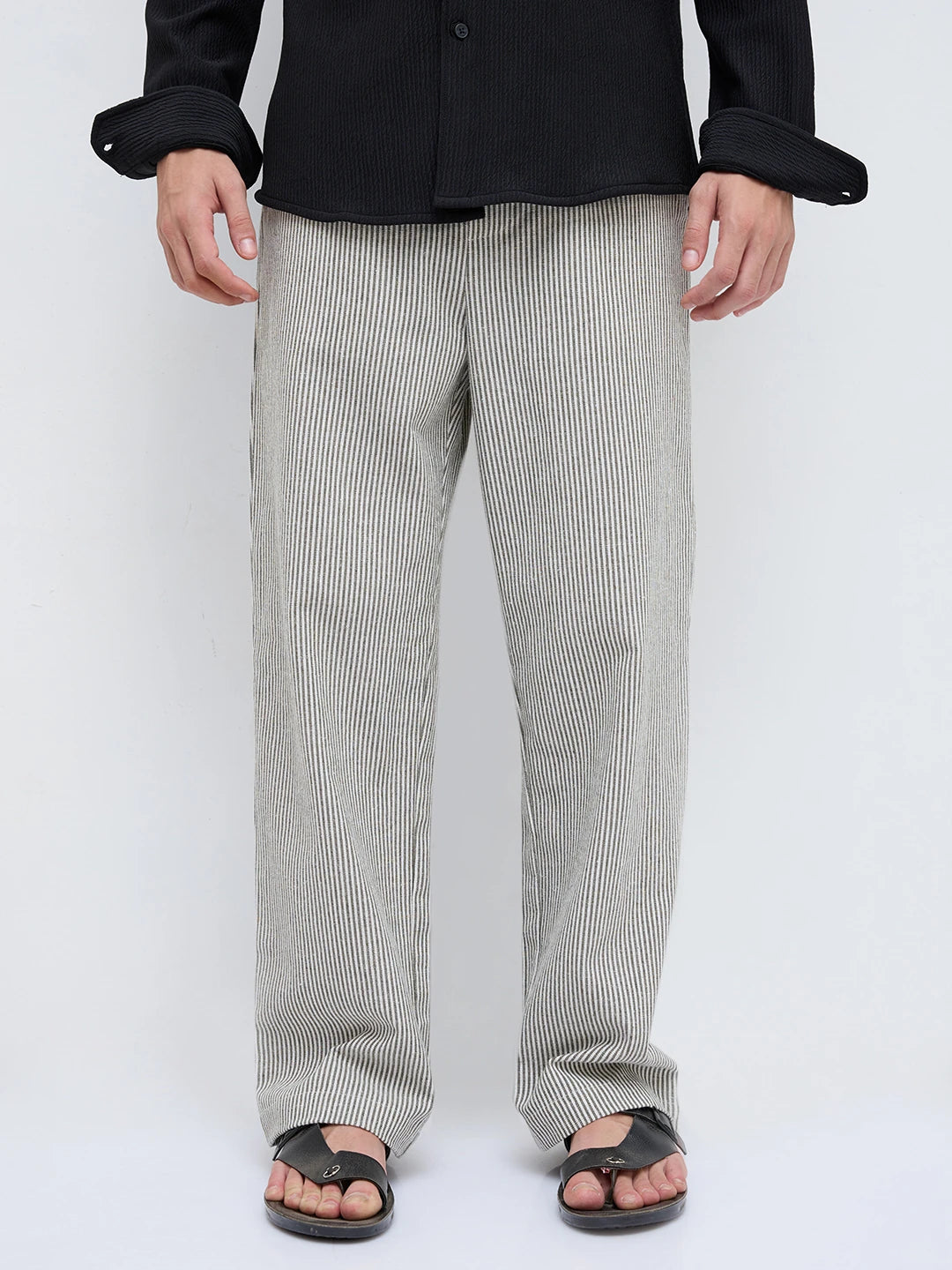 Olive & Off-White Candy Striped Straight Fit Trousers