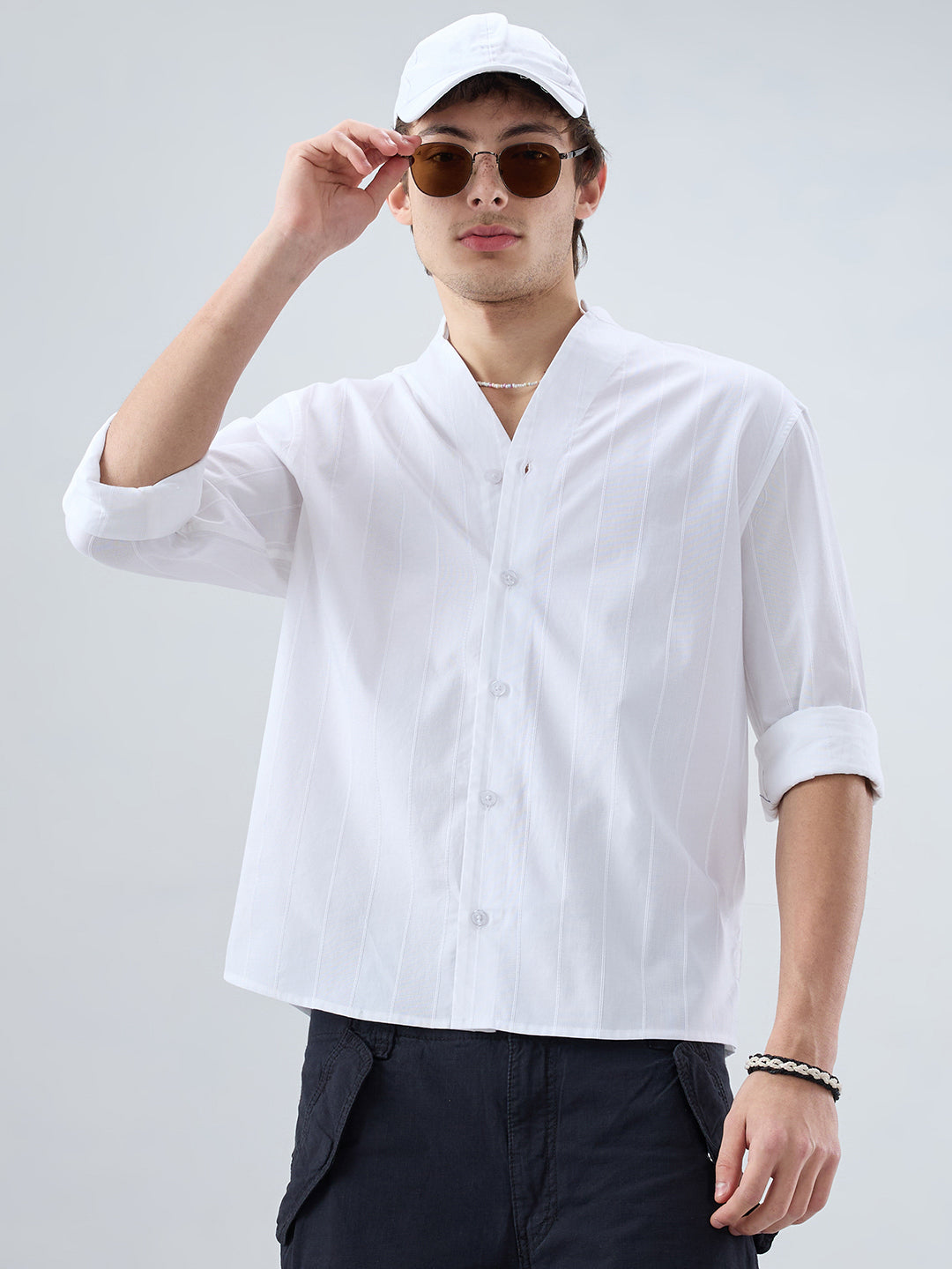 Snow White Panel Textured Stand Collar Oversized Shirt