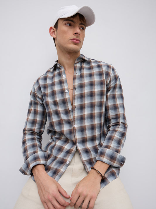 Grey & Brown Ombre Checks Classic Shirt