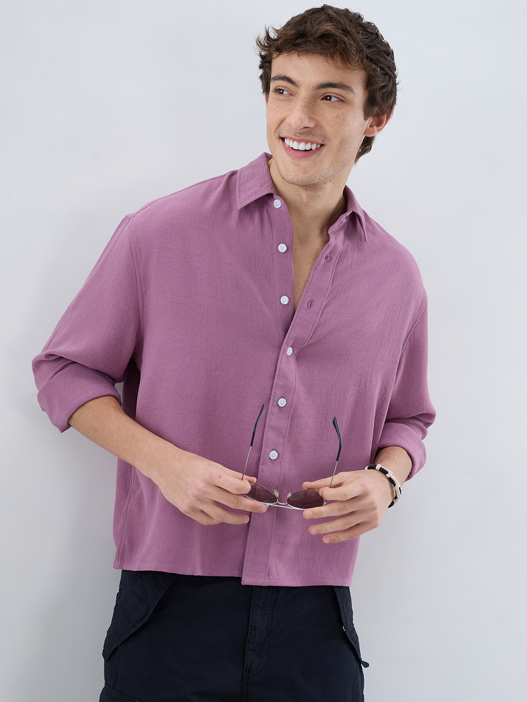Dust Rose Blush Fine Grid Textured Boxy Fit Crop Shirt
