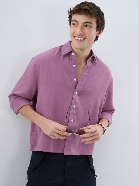 Dust Rose Blush Fine Grid Textured Boxy Fit Crop Shirt