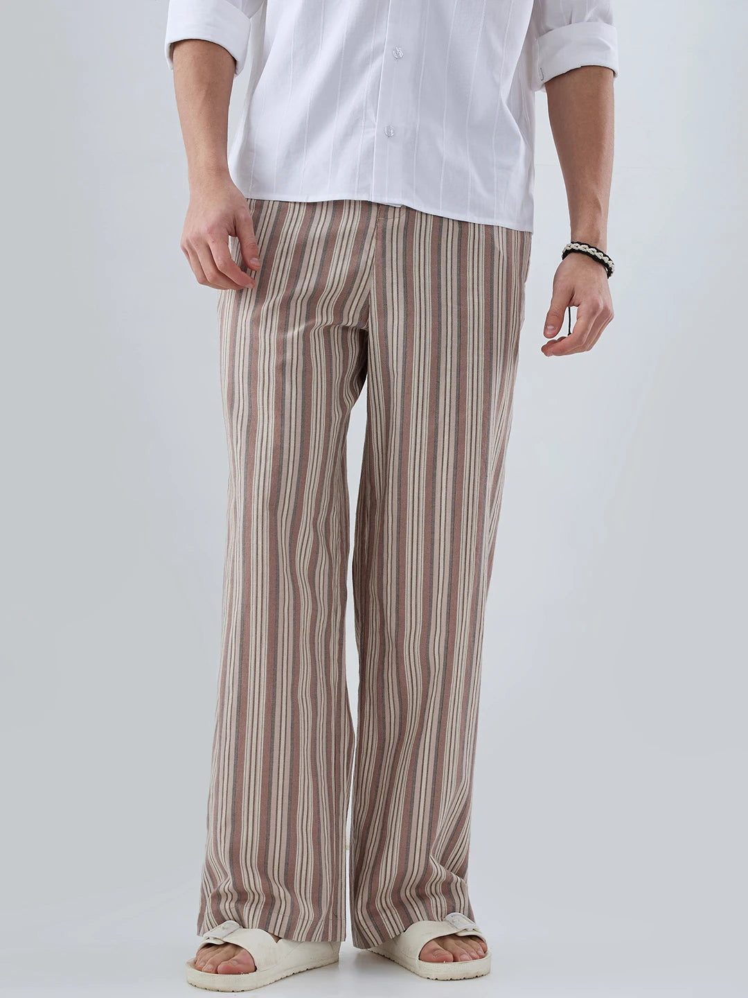 Brown Contrast Striped Wide Leg Trousers