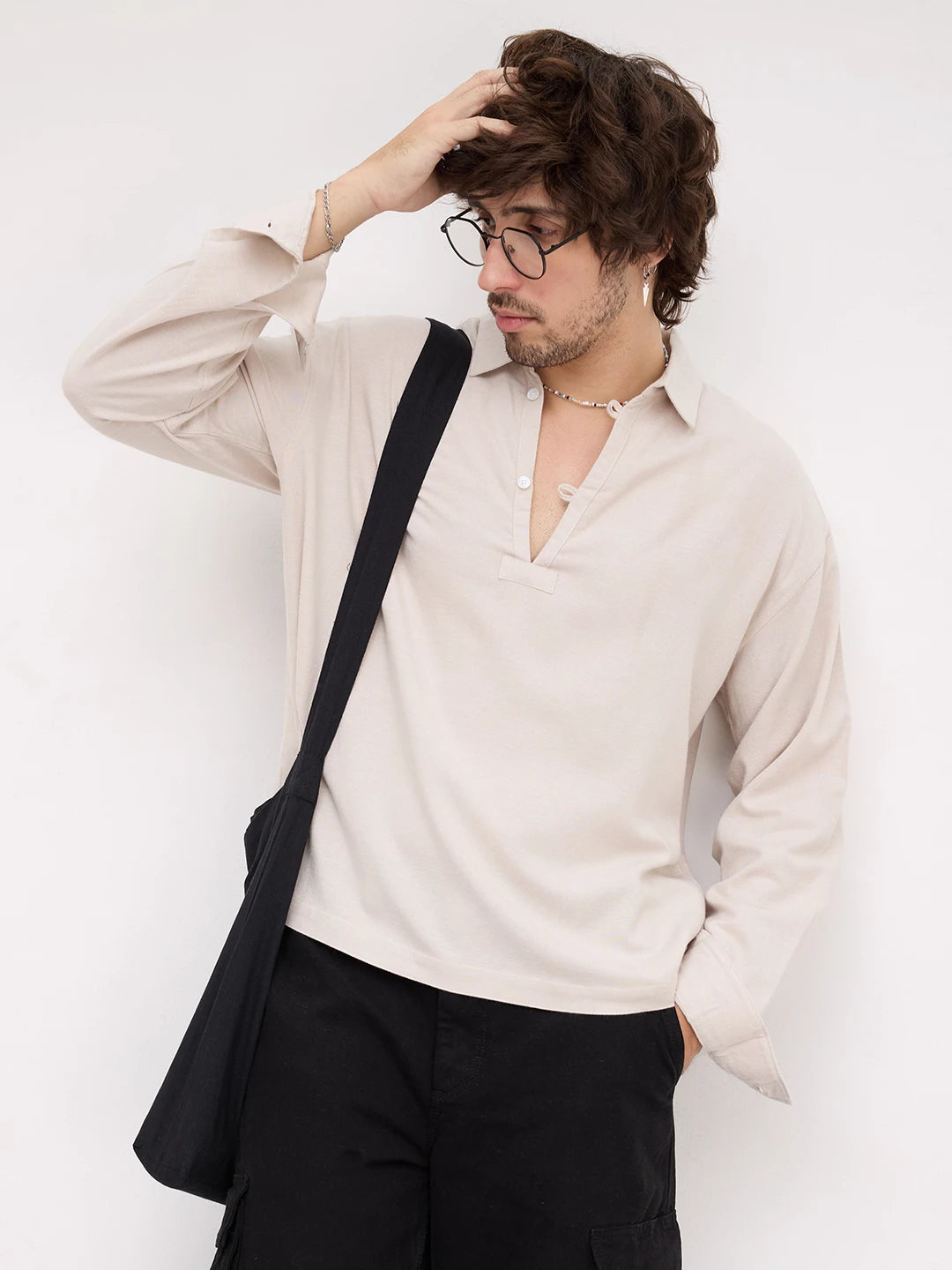 Iconic Beige Loop Button Oversized Shirt