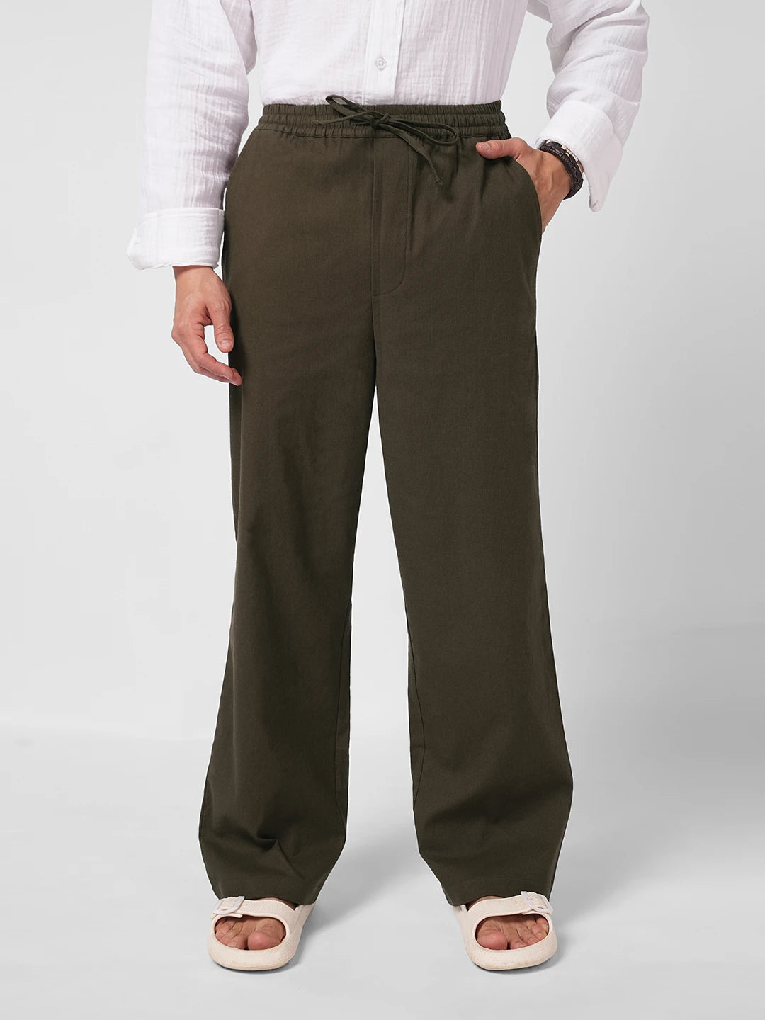 Brunette Brown Slub Weave Straight Fit Trousers
