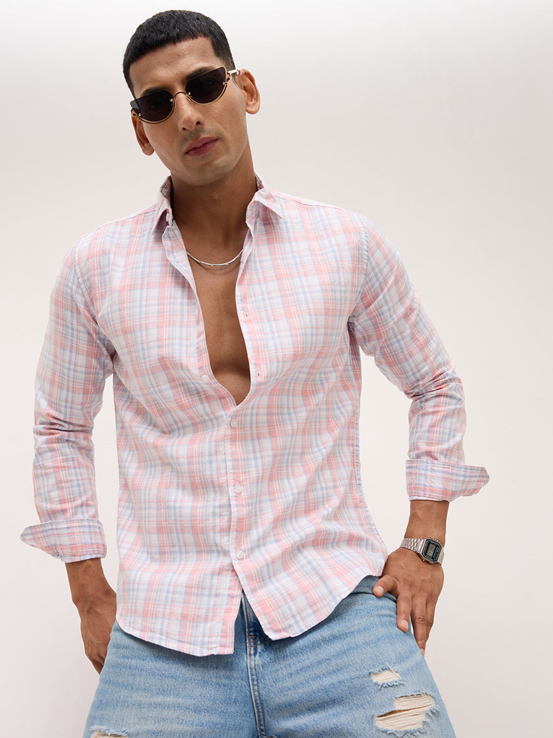 Soft Peach & Blue Pastel Grid Checks Shirt