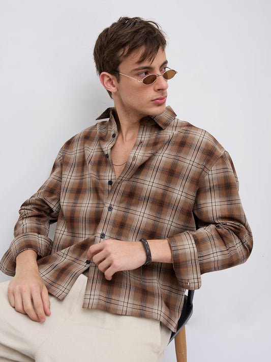 Cocoa Haze Gradient Plaid Classic Boxy Fit Crop Shirt