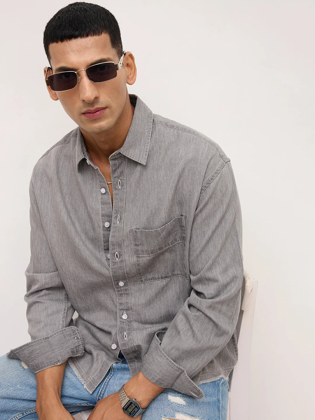 Refined Stonewashed Grey Boxy Fit Crop Shirt