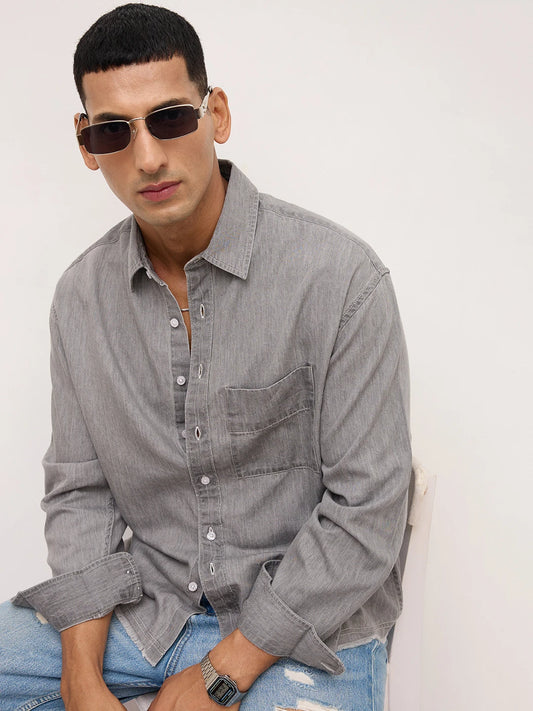 Refined Stonewashed Grey Boxy Fit Crop Shirt