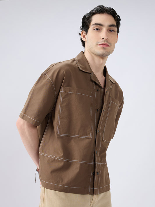 Rustic Cocoa Twin Pocket Oversized Crop Shirt