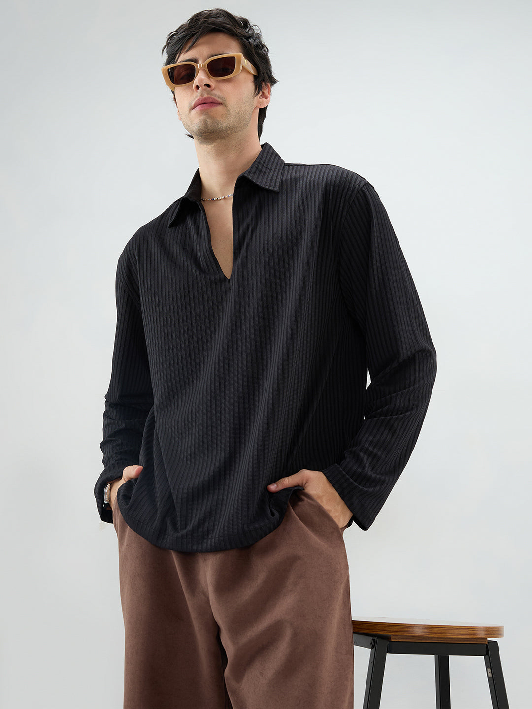 Black Dual Weave Striped Oversized Polo Knit Shirt