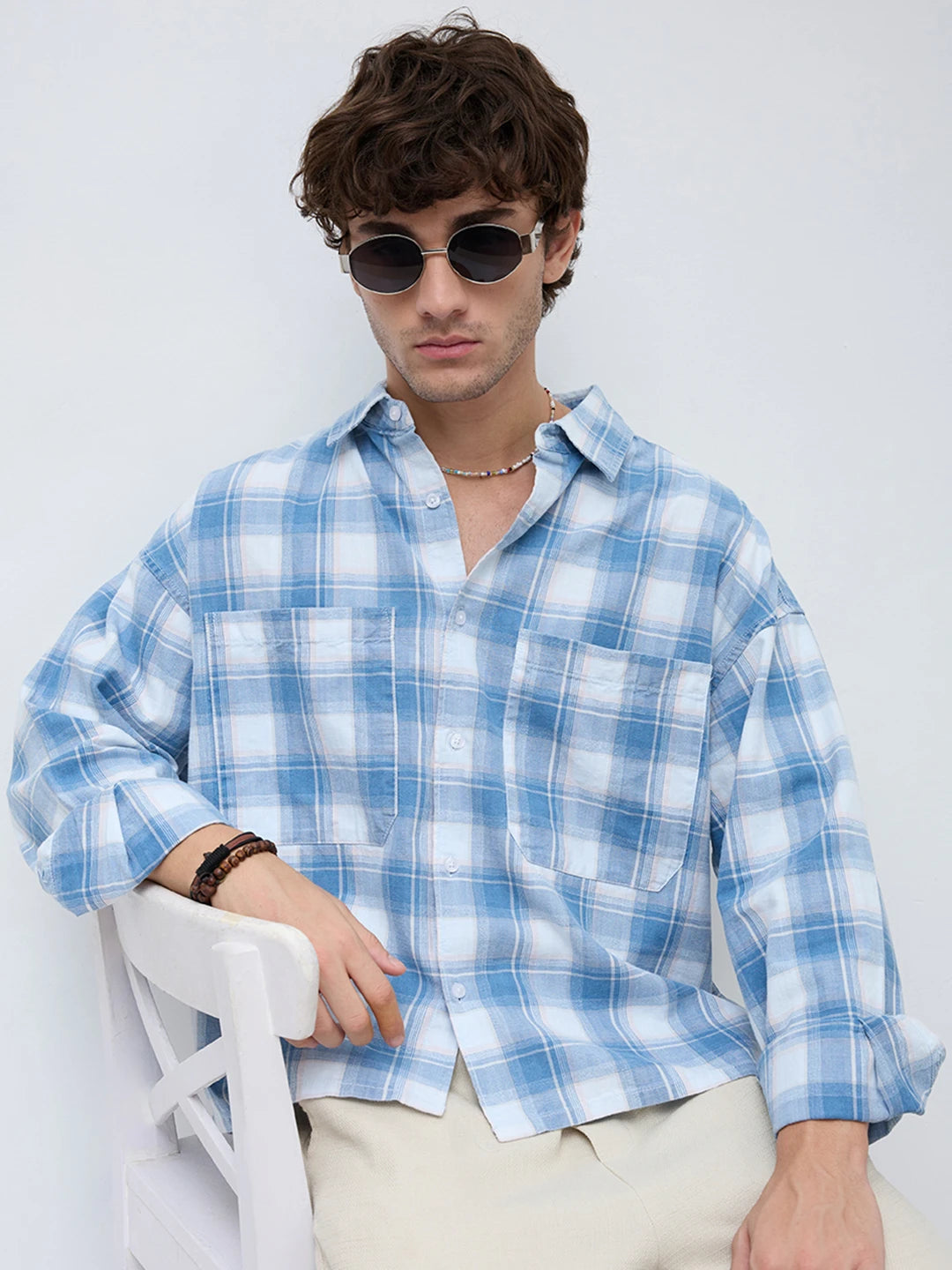 Denim Blue & White Plaid Twin Pocket Oversized Crop Shirt