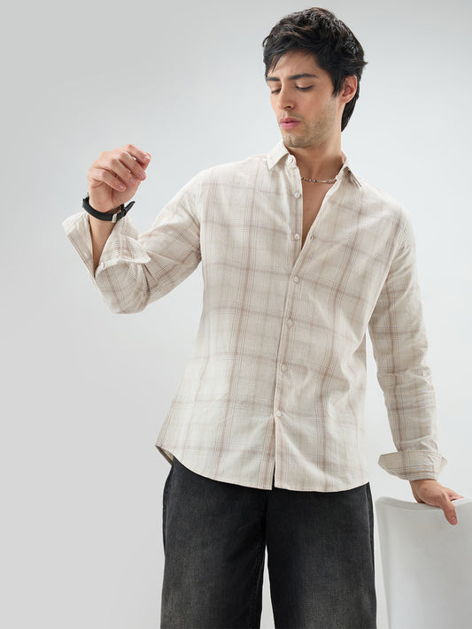 Timeless Sand Beige Plaid Checks Textured Shirt