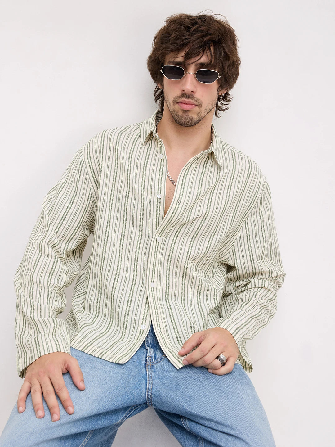 Sage Green Chainstriped Cuffless Oversized Shirt