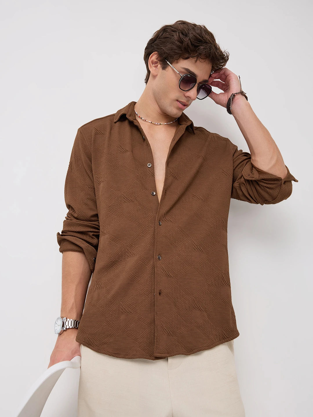 Refined Brown Maze Textured Knitted Shirt