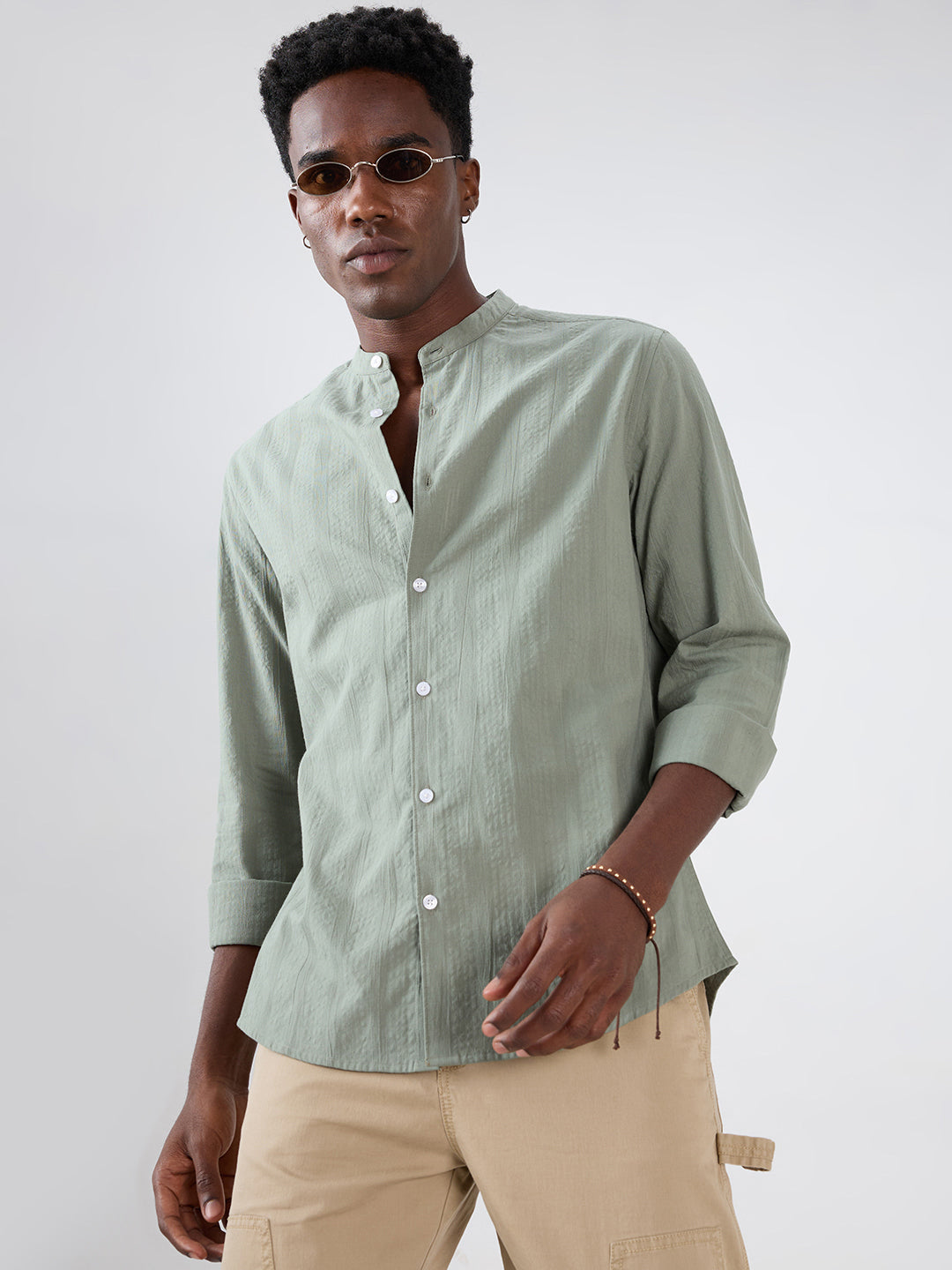 Asparagus Green Seersucker Striped Mandarin Shirt