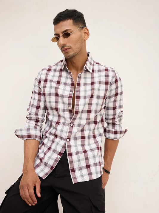 Classic Maroon & White Plaid Checks Shirt