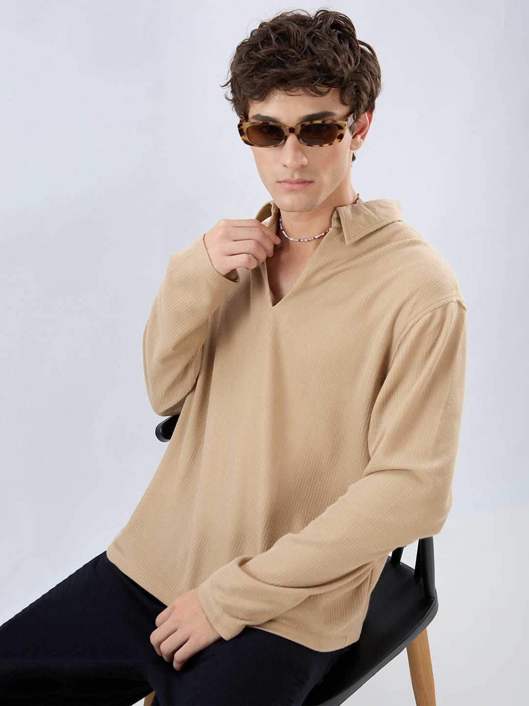 Tan Micro Weave Knitted Oversized Polo Shirt