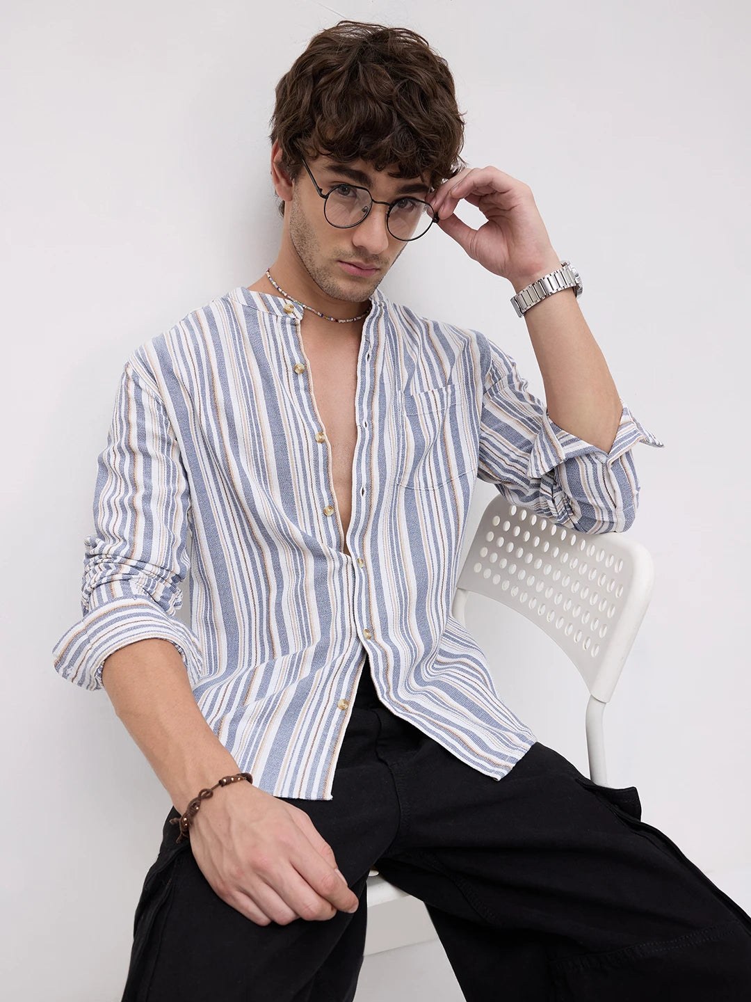 Blue & White Vertical Stripes Mandarin Shirt