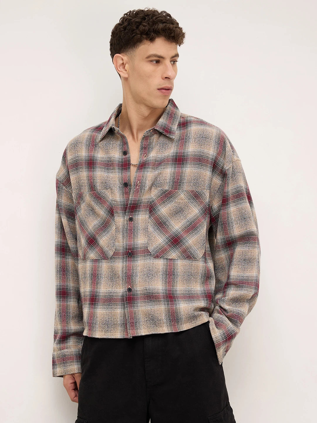 Maroon & Beige Twill Checks Boxy Fit Twin Pocket Crop Shirt