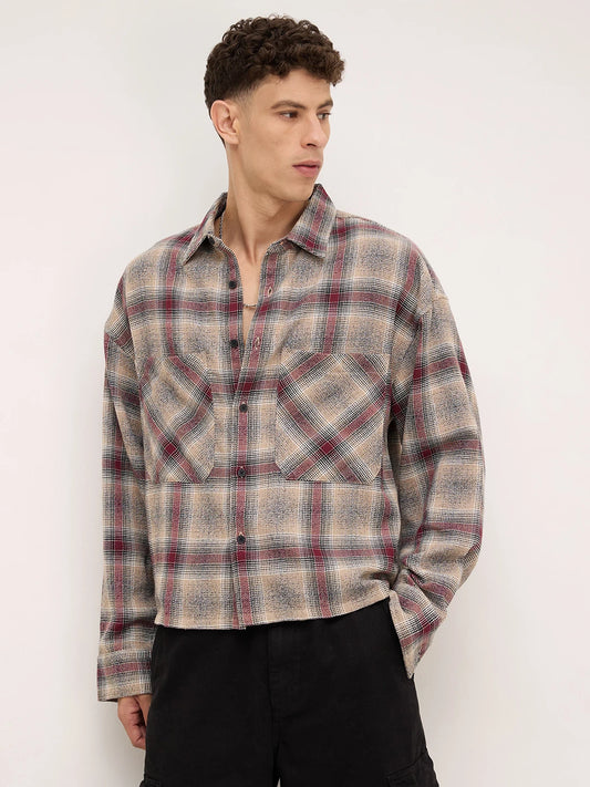 Maroon & Beige Twill Checks Boxy Fit Twin Pocket Crop Shirt