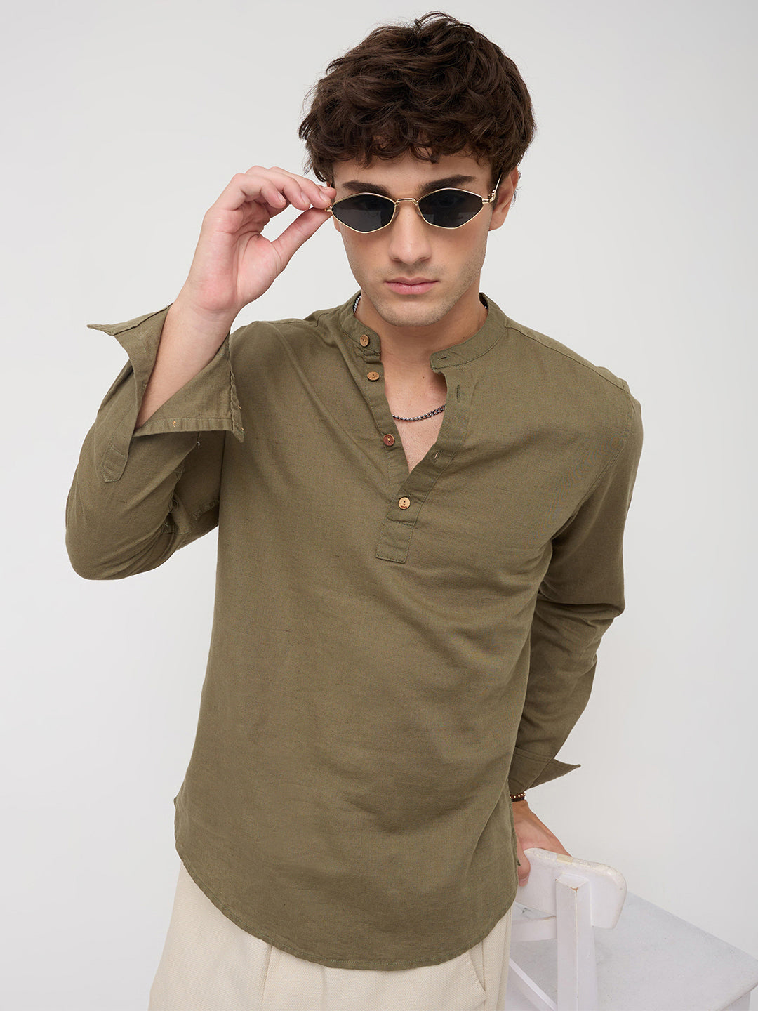 Luxe Olive Fine Sheer Linen Blend Kurta