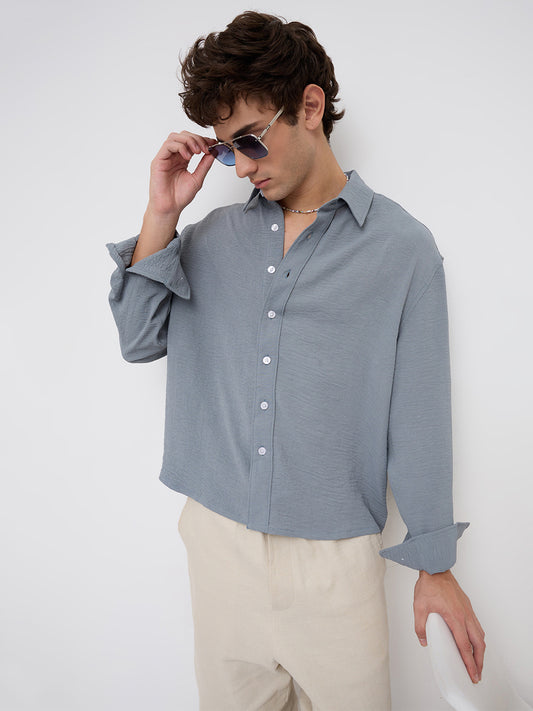 Plush Steel Grey Lightweight Crinkled Boxy Fit Crop Shirt