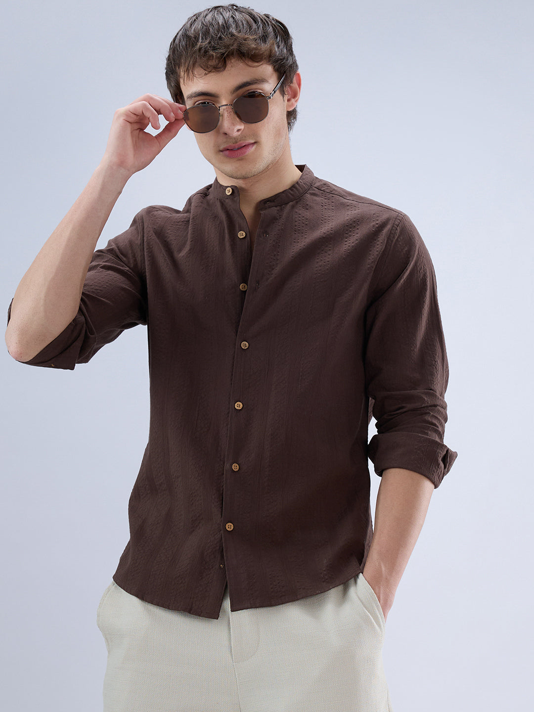 Chocolate Brown Seersucker Striped Mandarin Shirt