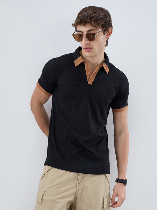 Rich Black Contrast Polo Neck Diamond Weave Knit T-shirt