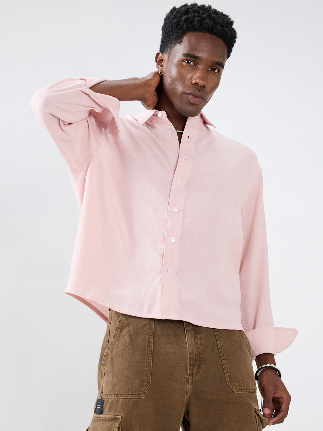 Blush Pink Fine Weave Boxy Fit Crop Shirt