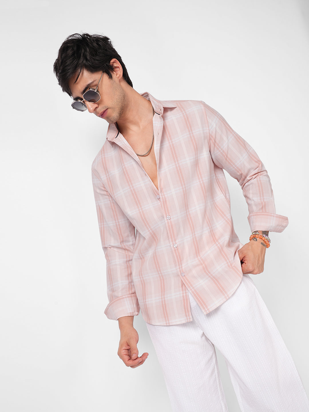 Elegant Soft Blush Peach Plaid Checks Shirt