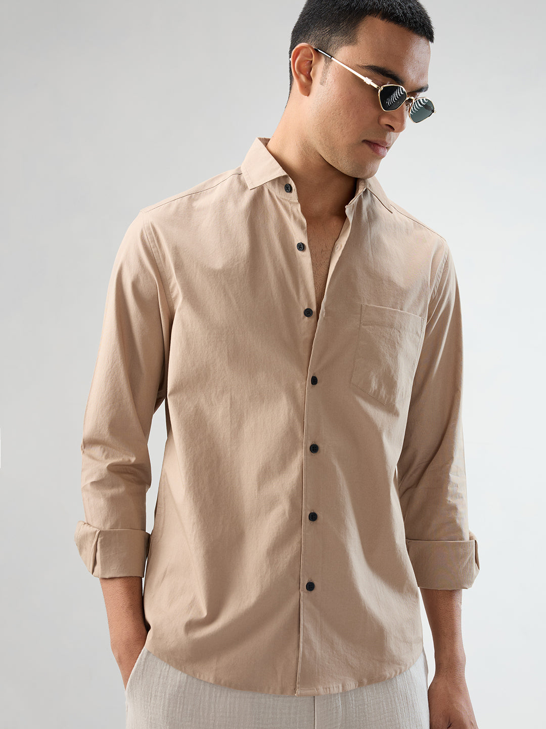 Solid Soft Khaki Beige Poplin Shirt