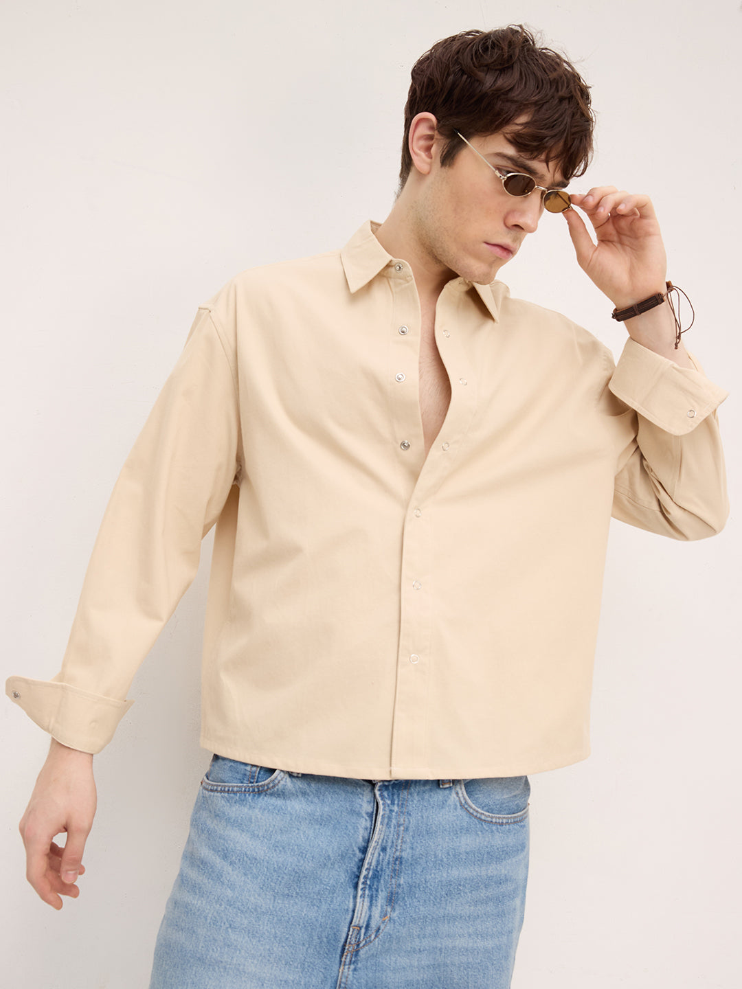Luxe Bisque Beige Boxy Fit Crop Corduroy Shirt