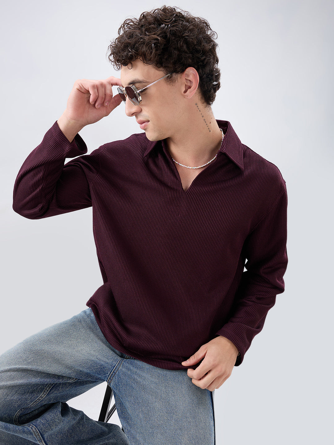 Refined Wine Textured Knitted Oversized Polo Shirt