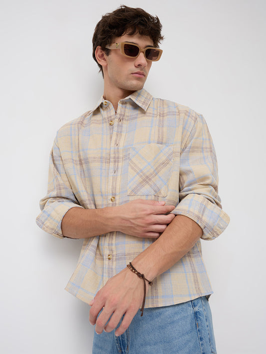 Pastel Dune Soft Plaid Checks Boxy Fit Crop Shirt