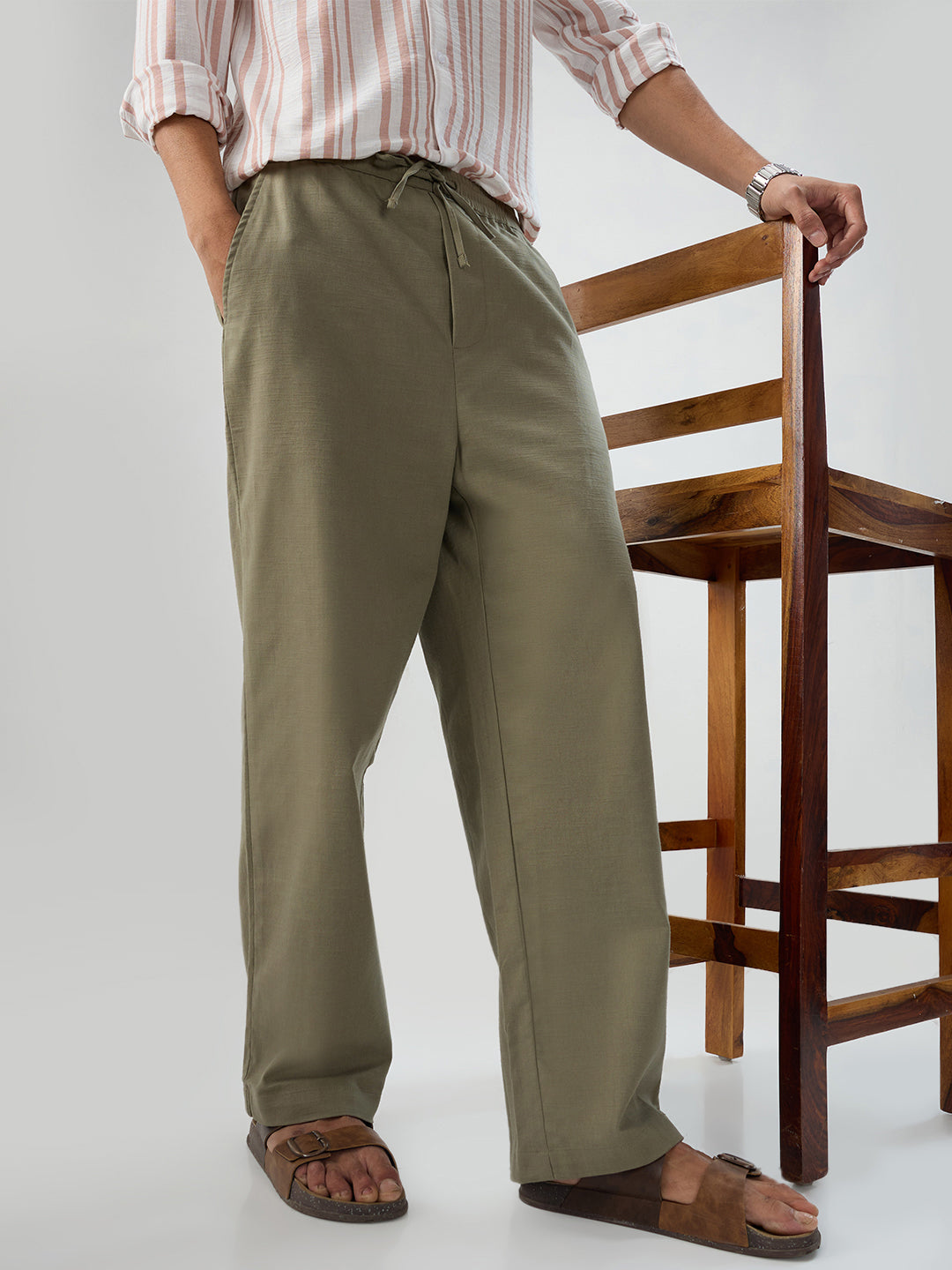 Olive Subtle HerrigboneTextured Straight-Fit Trousers