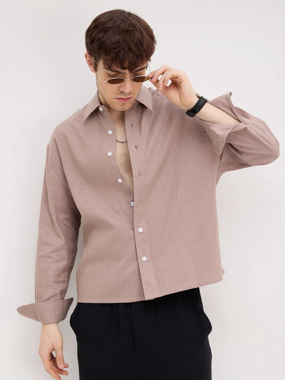 Classic Soft Khaki Fine Textured Boxy Fit Crop Shirt