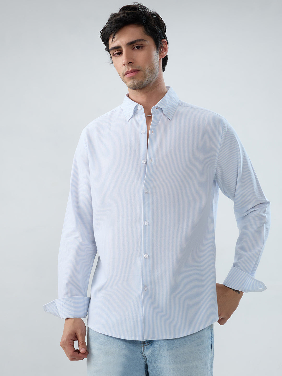 Ice Mist Blue Fine Striped Button-Down Collar Business Shirt