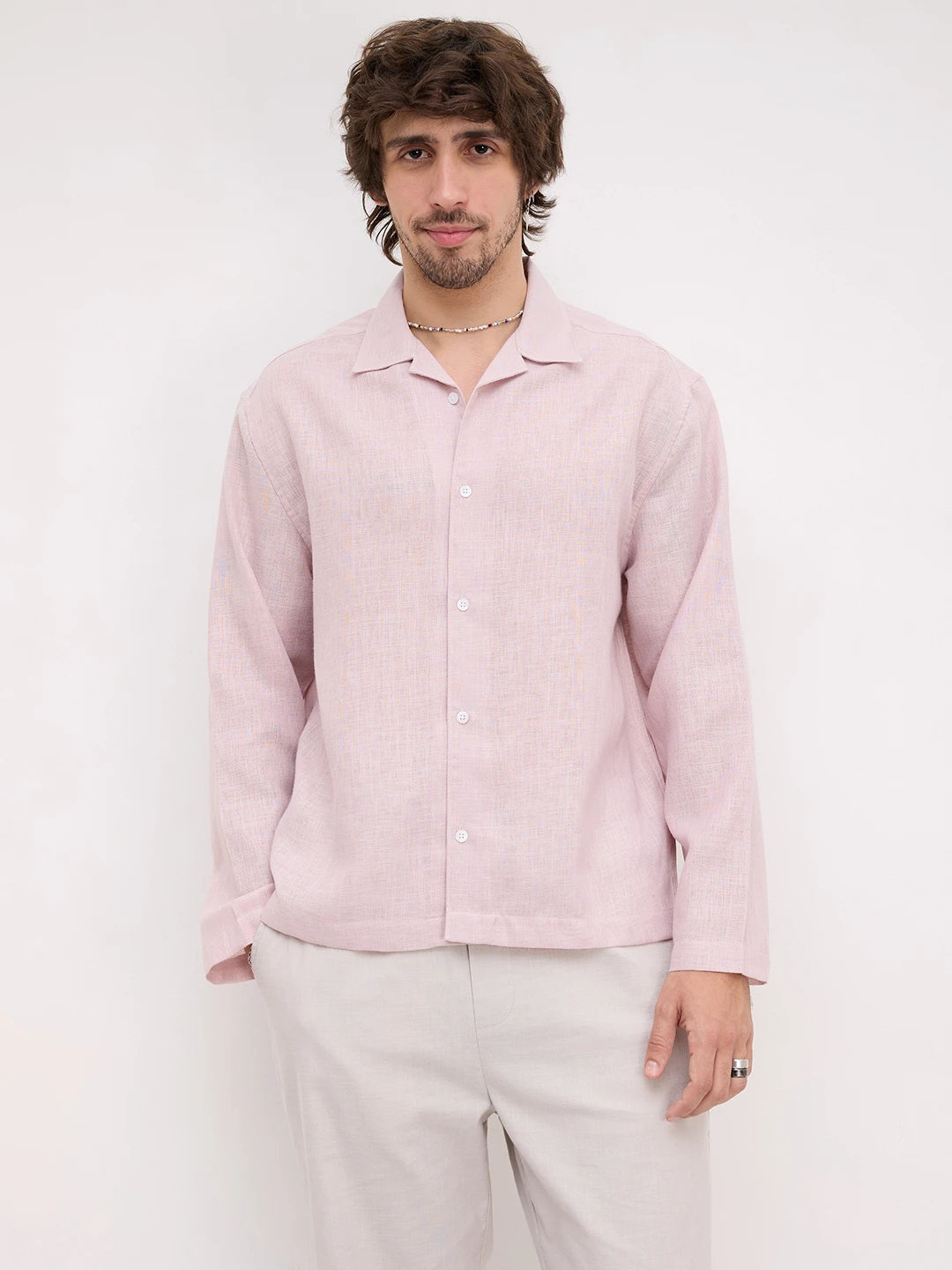 Blush Pink Fine Textured Notch Collar Oversized Shirt