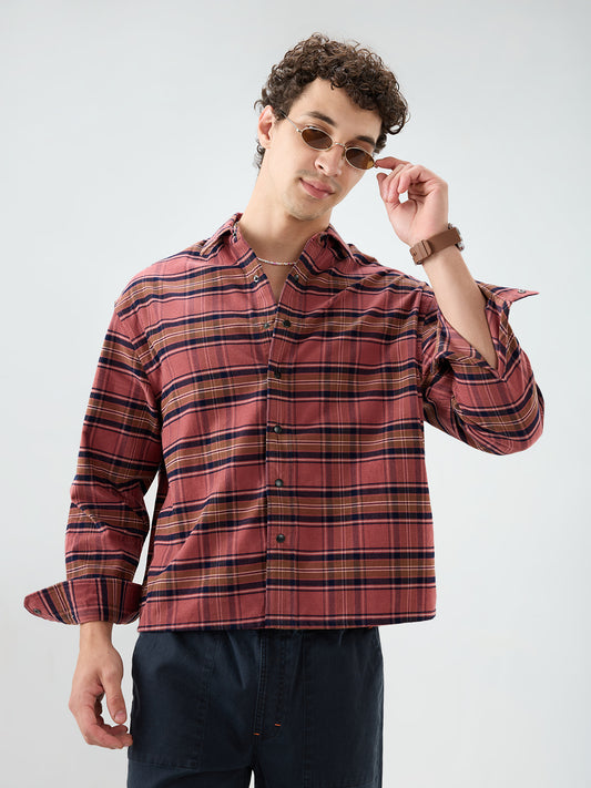 Rosewood Plaid Checks Boxy Fit Crop Cord Shirt