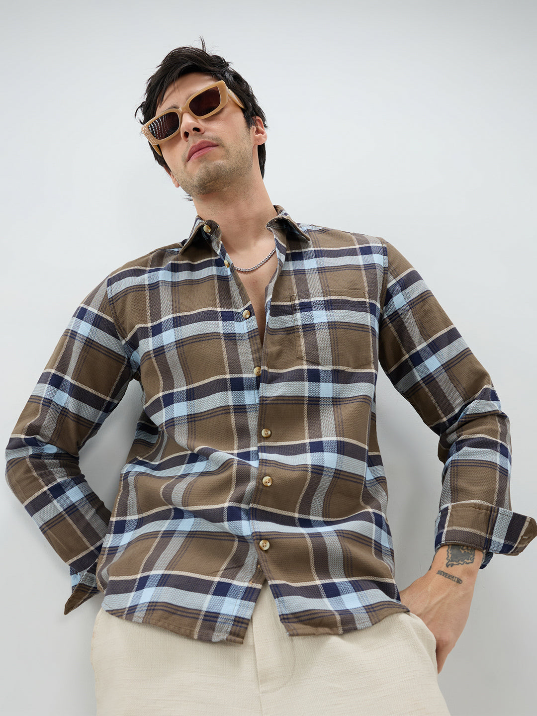 Brown & Navy Tartanique Checked Shirt