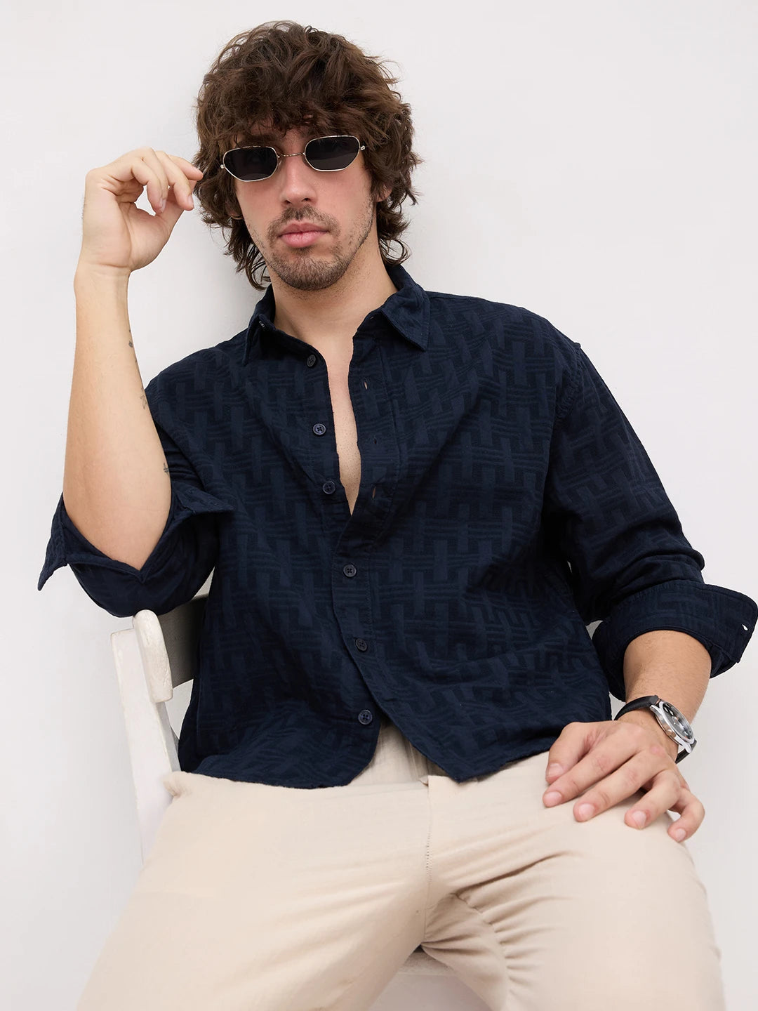Distinguished Navy Architectural Weave Boxy Fit Crop Shirt
