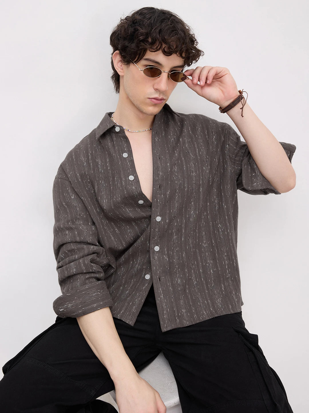 Deep Grey Artisan Loomscape Boxy Fit Crop Shirt