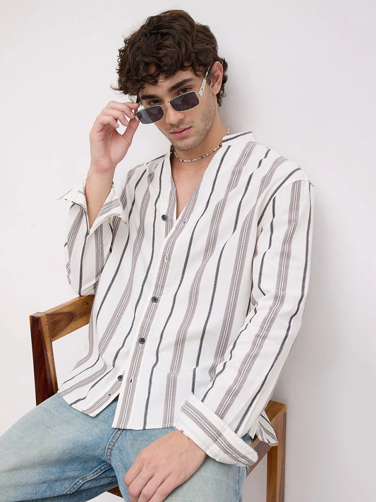 White Intricate Motif Contrast Striped Stand Collar Oversized Shirt